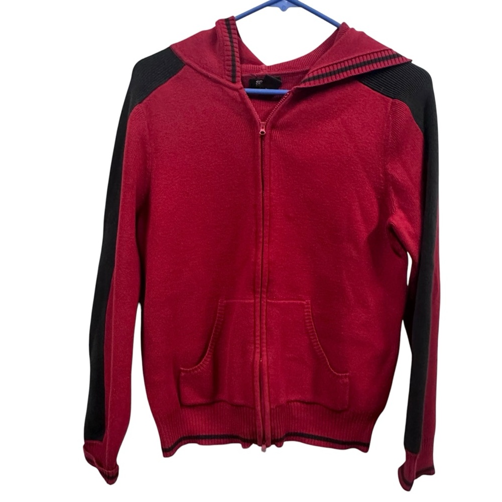 Vintage SJB Active by St Johns Bay Red Black Full Zip Cardigan Hooded Sweater M - Picture 5 of 10
